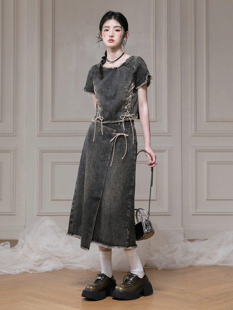 Distressed Washed Denim Lace-Up Top & Wrap Skirt Set-up