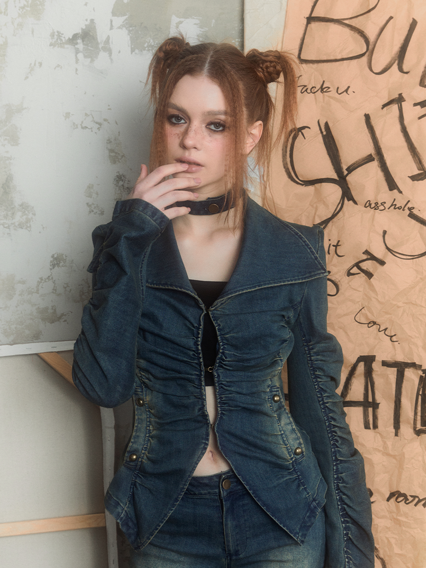 Street Pleated Stacked Denim Jacket