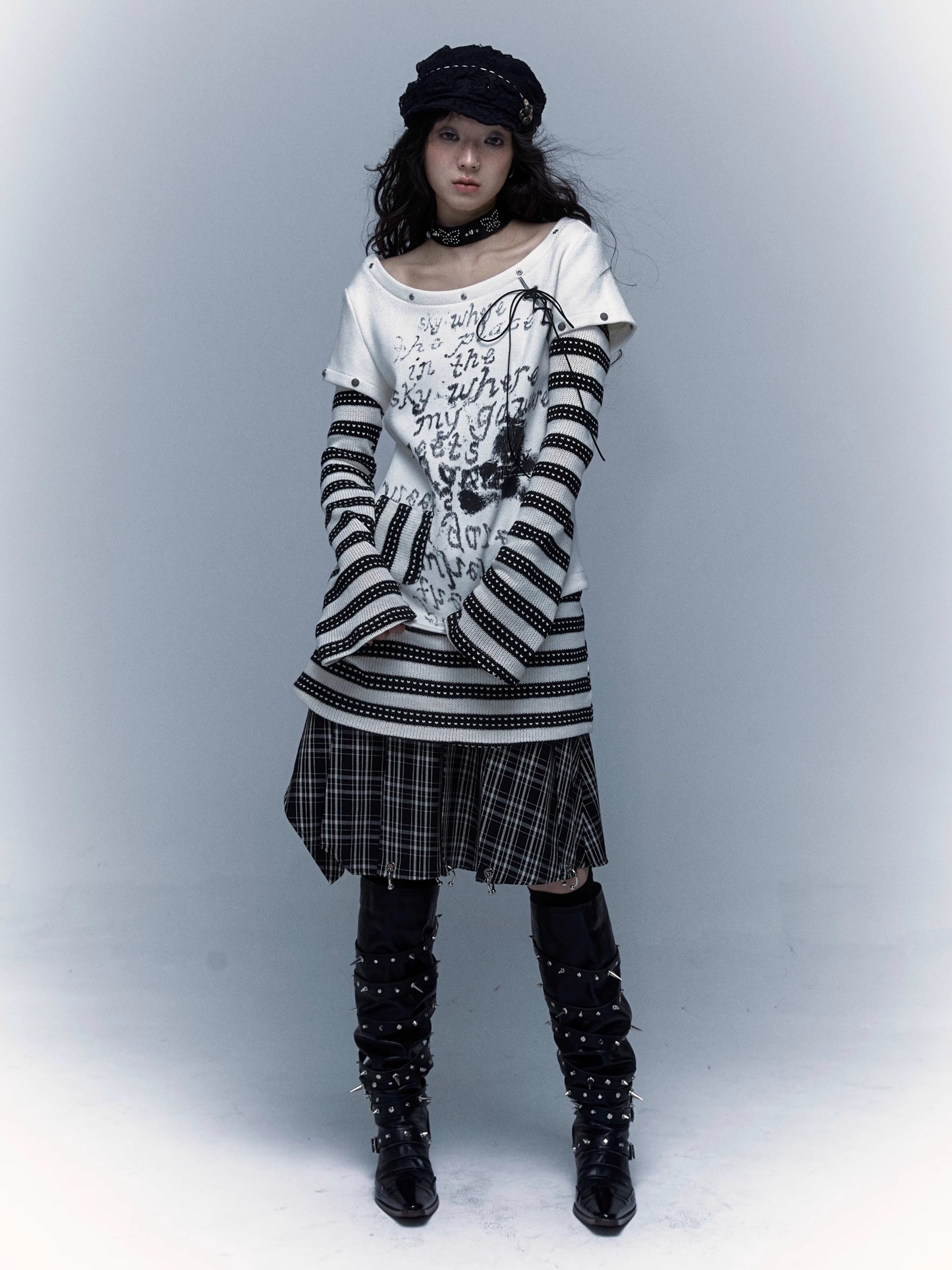 펑크 스 플라이 싱 스트라이프 프린트 긴팔 티셔츠