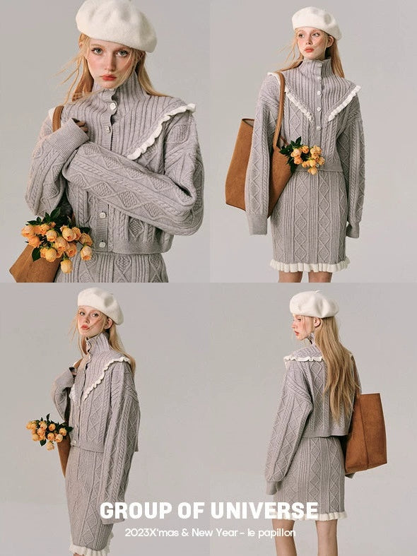 Hoher Hals gehäkelt Holzohr Strickjacke & Rock