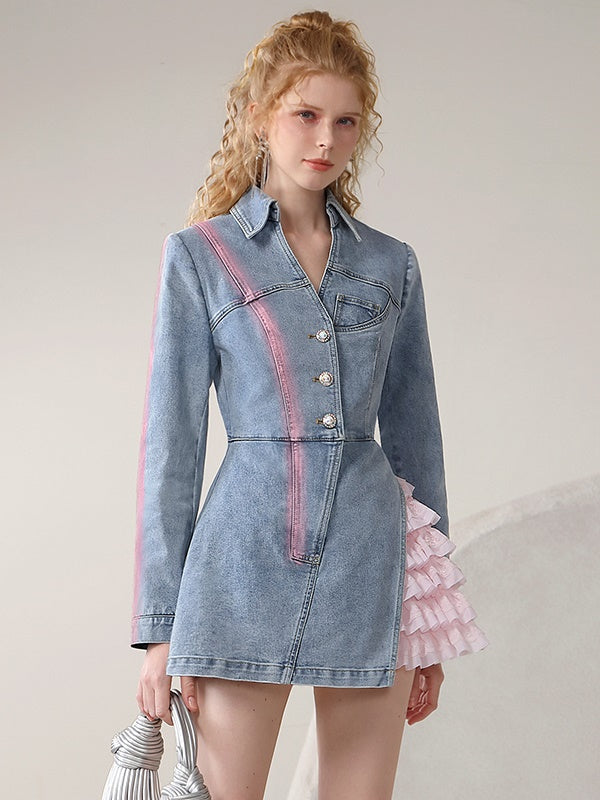 Set-Up Denim Layered Casual Spray Long-Tops&Tulle-Skirt