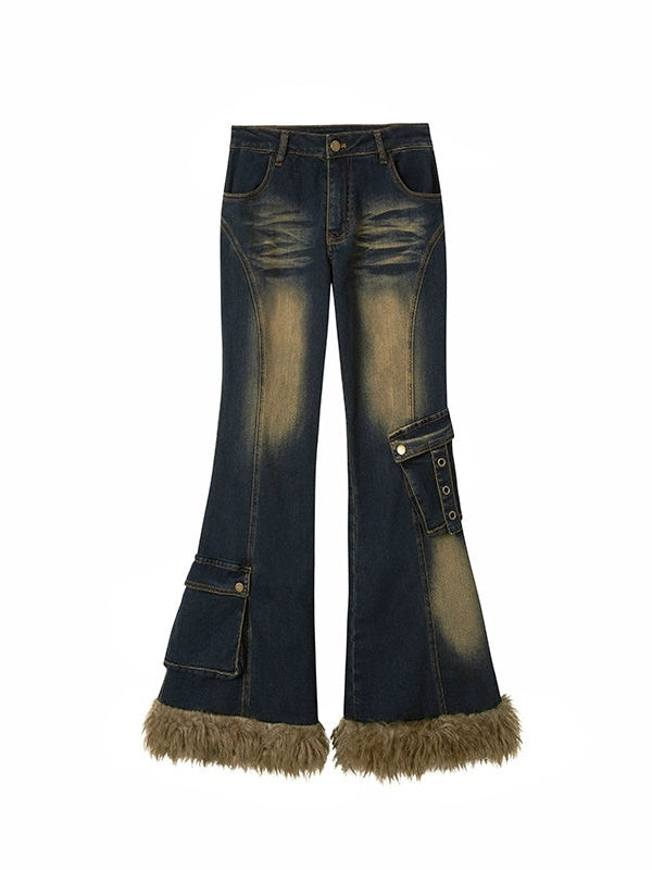 Fur Stitch Washed Distressed Denim Flare Pants