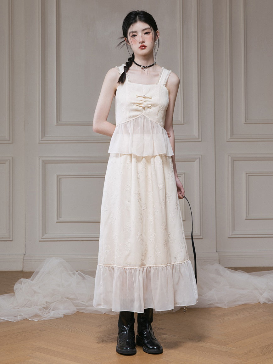 Jacquard Gauze Switching Camisole Top & Ruffle Skirt Set-up