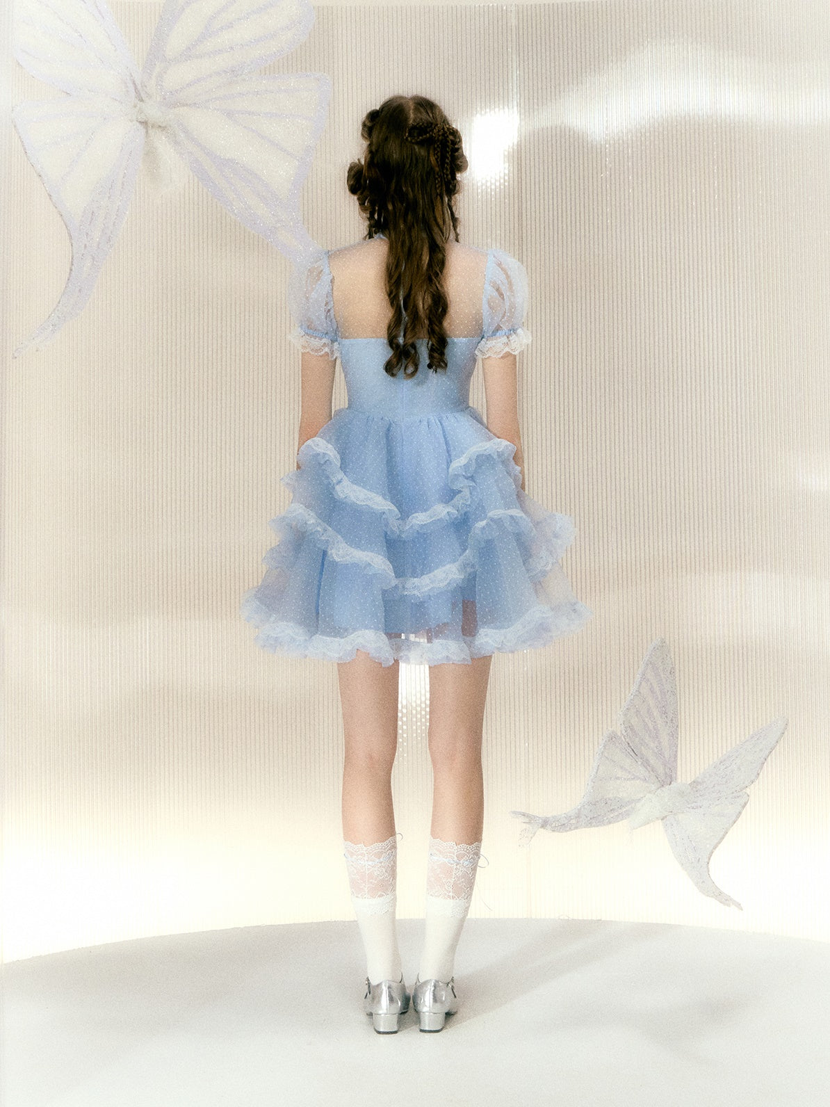 Polka Dot Rhinestone Bow Short-sleeved Lace Princess Dress