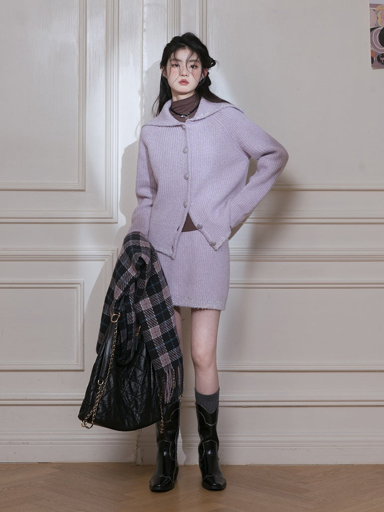 Sailor Collar Knitted Jacket & Skirt