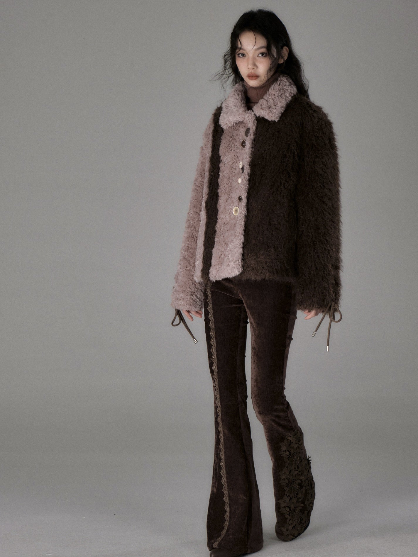 Lace Stitch Elastic Slim Velvet Bootcut Pants