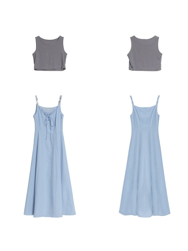Rope Ribbon Suspender Long Skirt & Short Tank Top Set-up