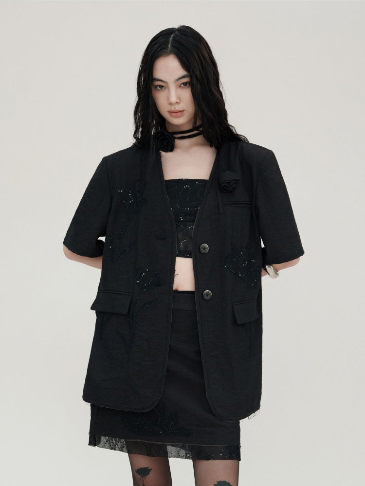 Carved Lace Embroidery Jacket & Camisole & Short Skirt