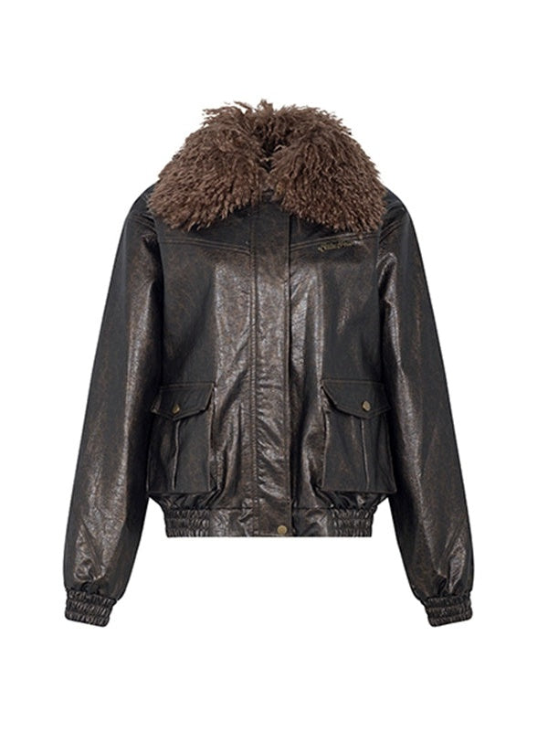 Abnehmbares Plüschkragen lose Lederjacke