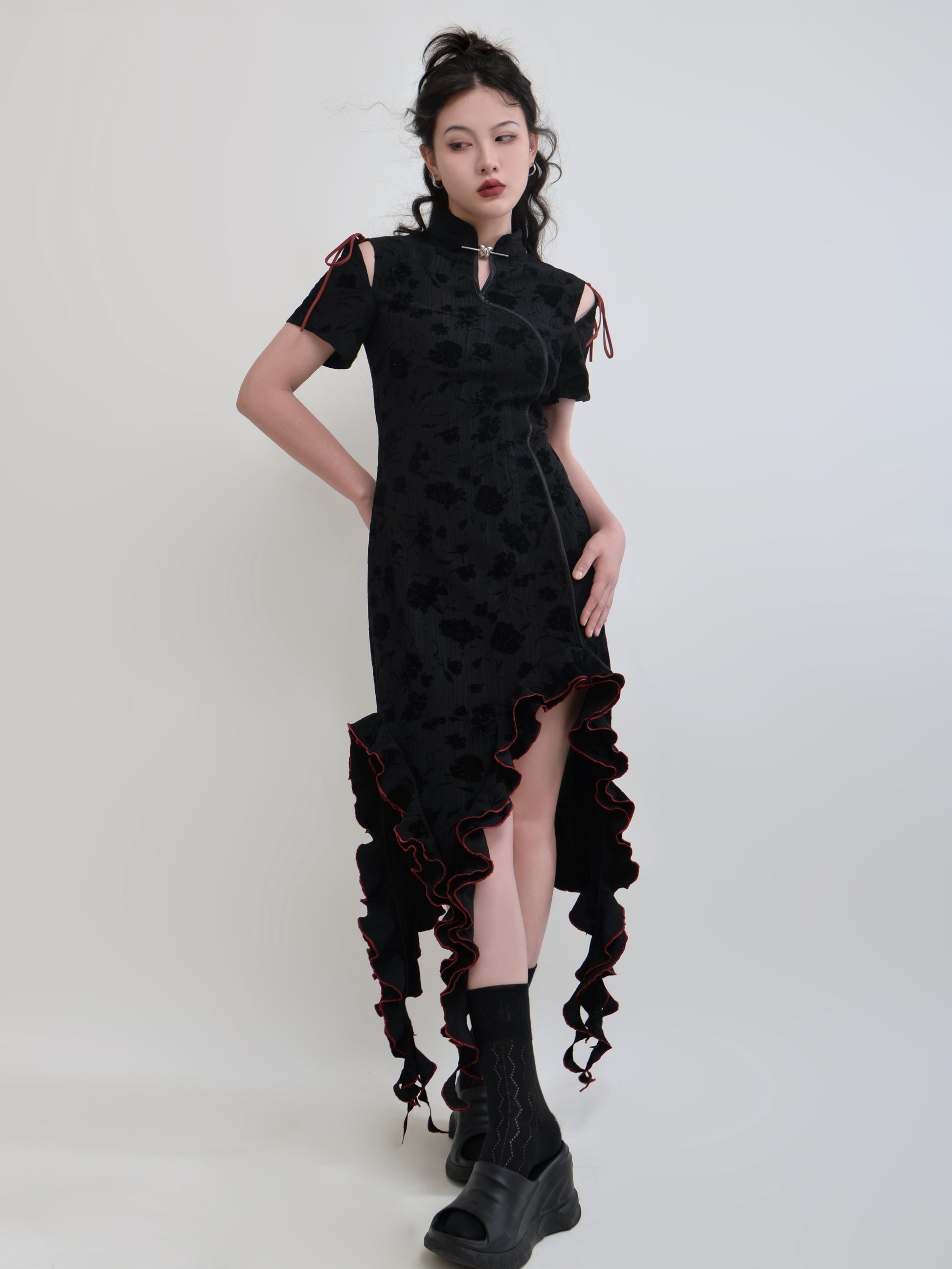 New Chinese Style Color Trim Irregular Frill Dress