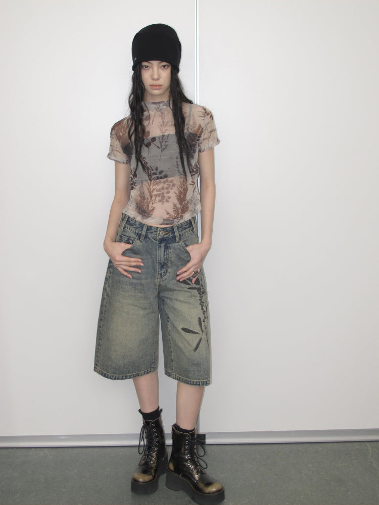 Plant Printing Micro-transparent Mesh T-shirt