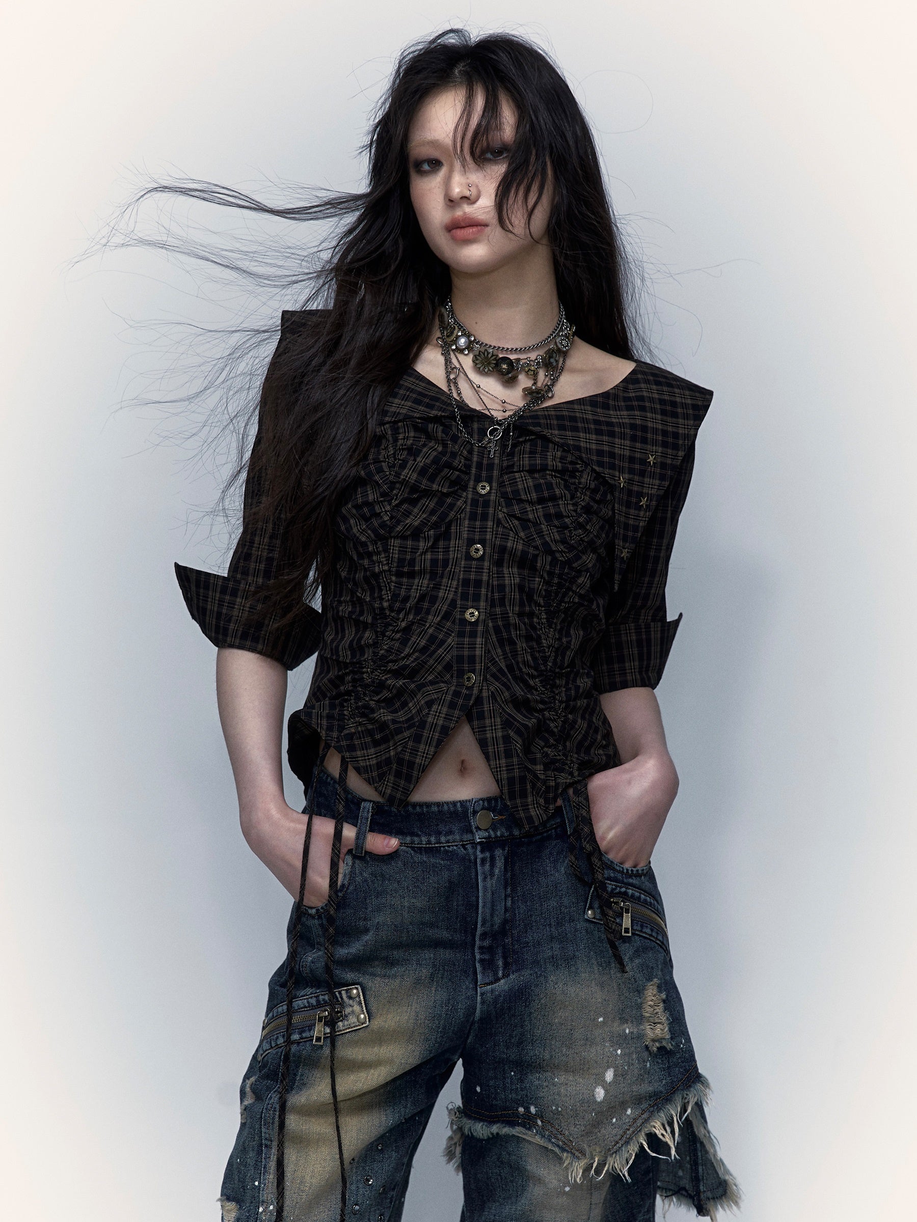 Palace Distressed Pleated Plaid Short Mid-sleeve Shirt