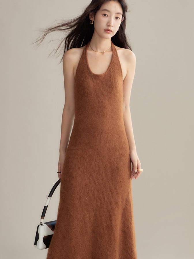 V-Neck Pullover Sweater & Halter Neck Knitted Dress