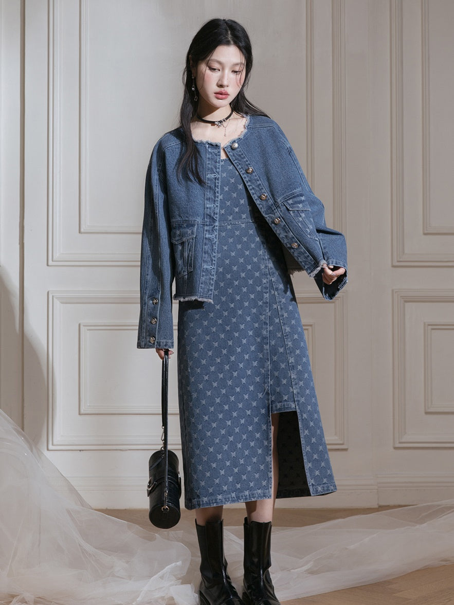 Raw Edge Jacquard Denim Jacket & Butterfly Suspender Skirt