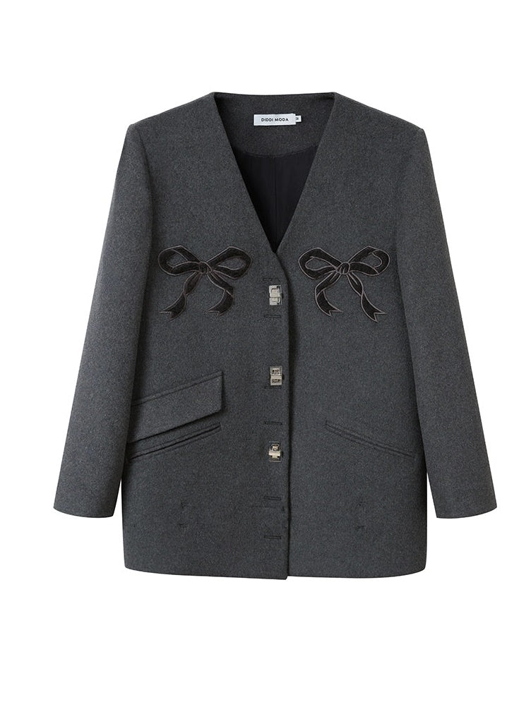 V-Ausschnitt Bow Stickie-Metallknopfjacke