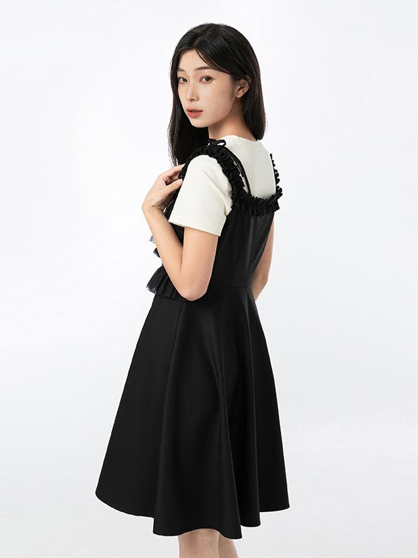 Mesh Stitching Suspender One-piece & Hollow T-Shirt Set-up