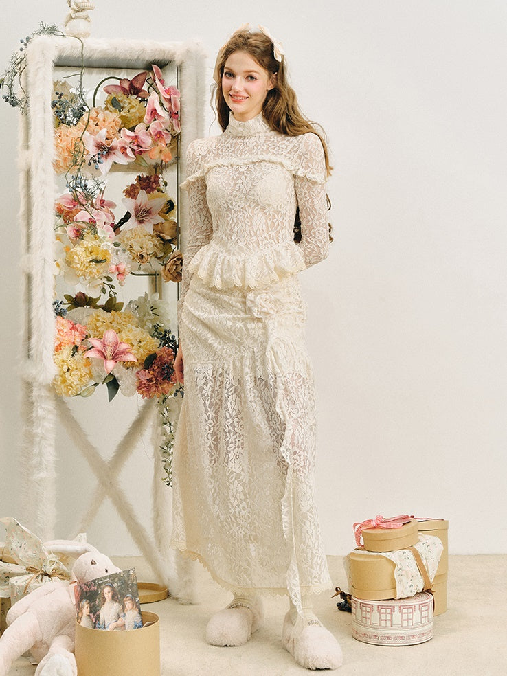 Lace High-Neck Peplum Design Top & Embroidered Lace Skirt