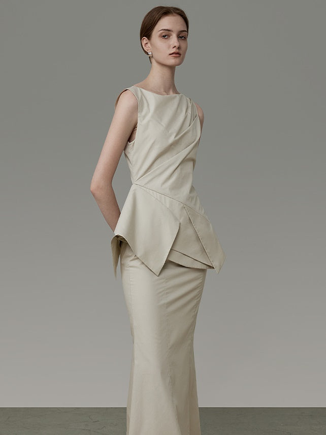 허리 비대칭 주름 디자인 소매가 상단