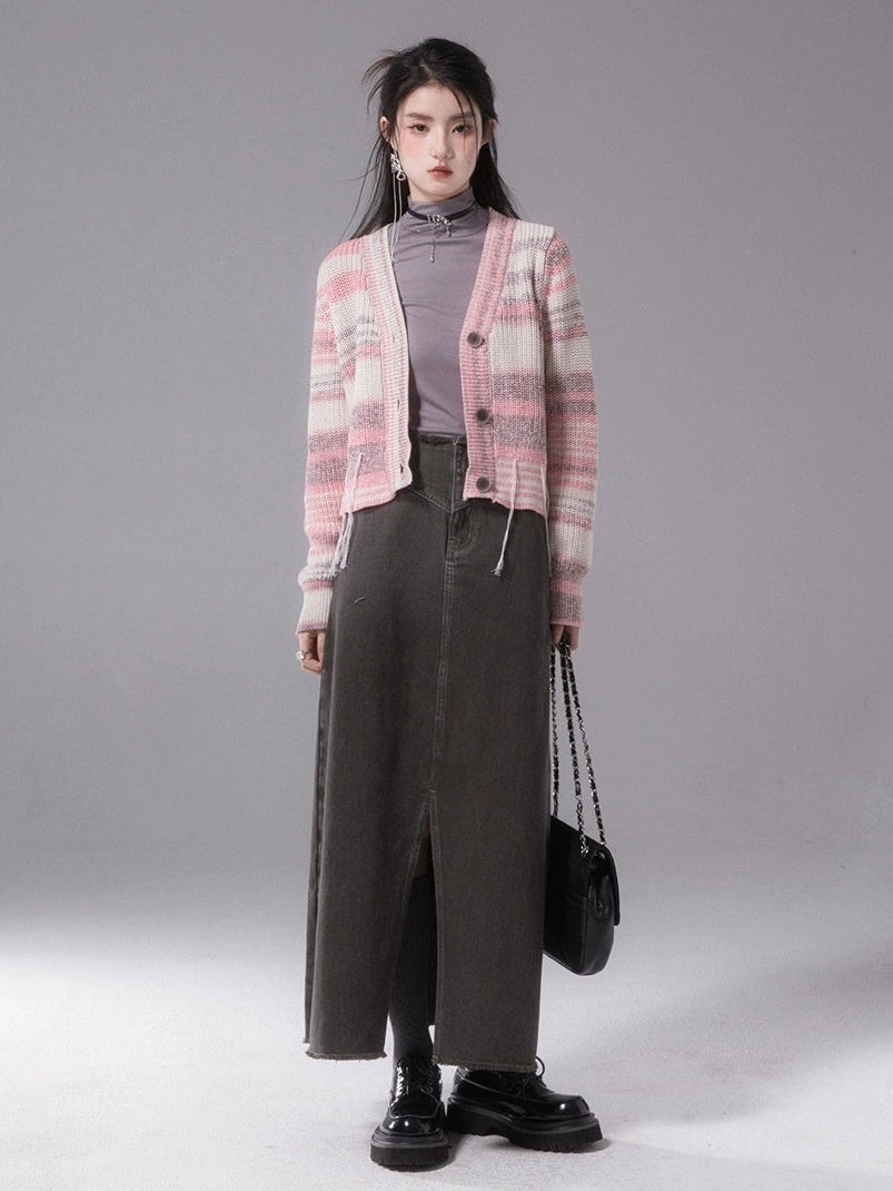 Raw Edge Denim Long Skirt
