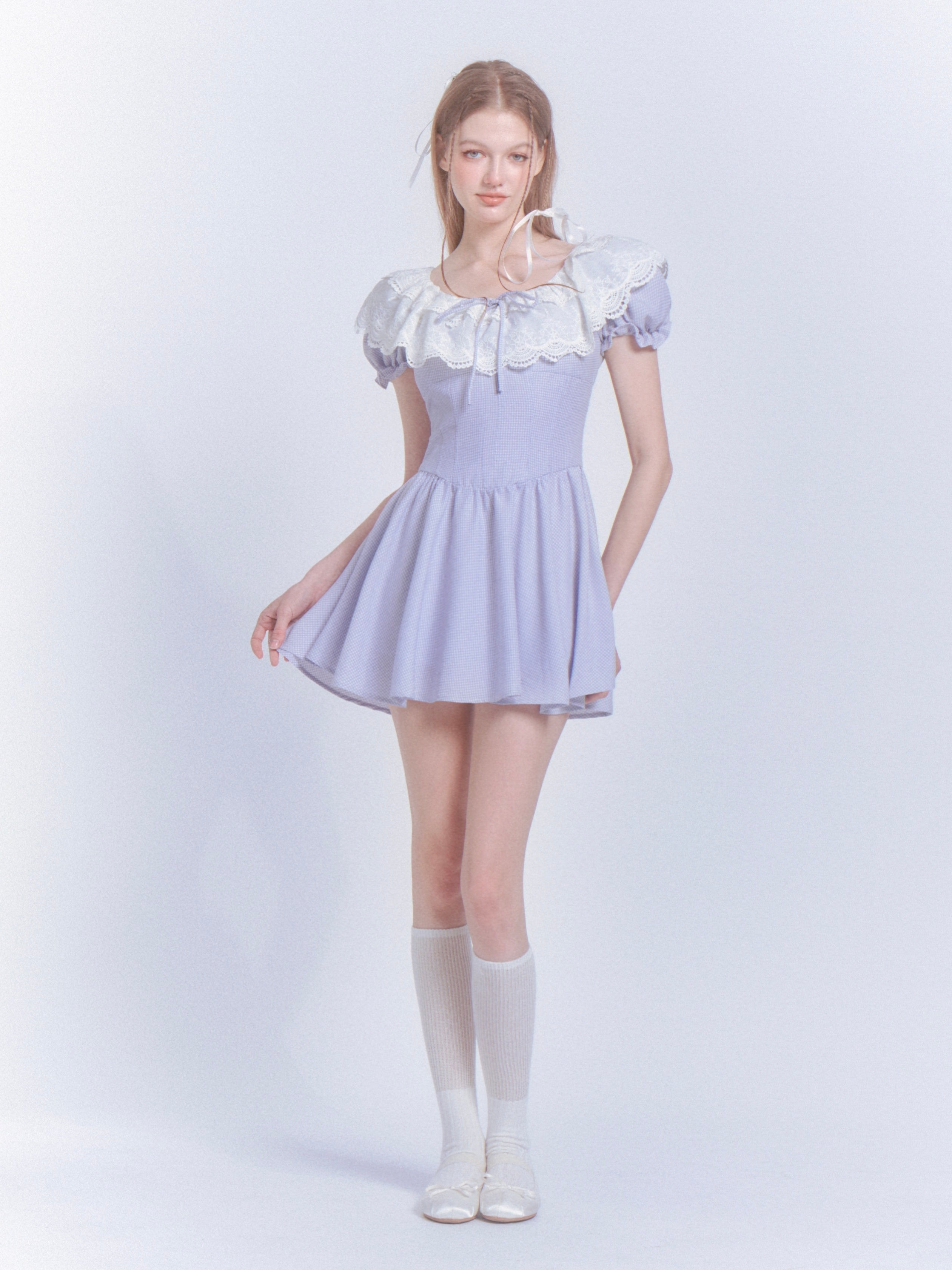 Netzspitze Stickerei Prinzessin Puffärmel Kleid