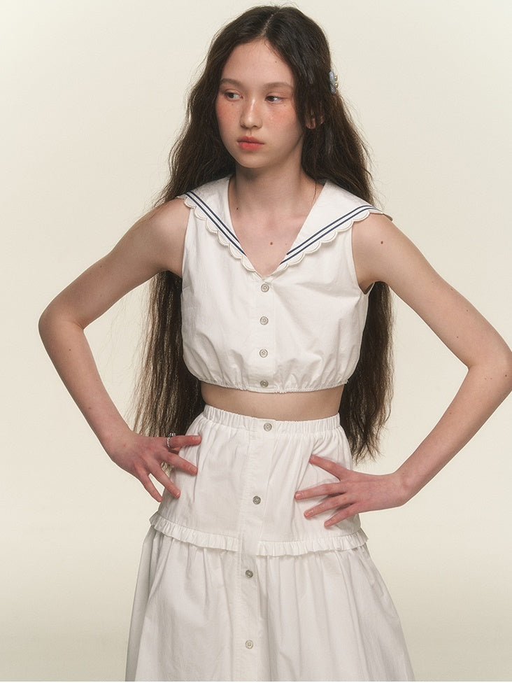 네이비 칼라 짧은 셔츠 및 전면 버튼 스커트