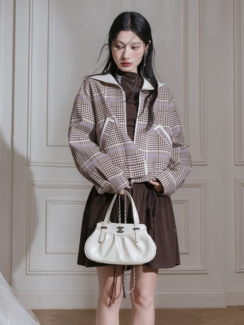 Navy Collar Plaid Short Jacket & A-Line Pleated Skirt