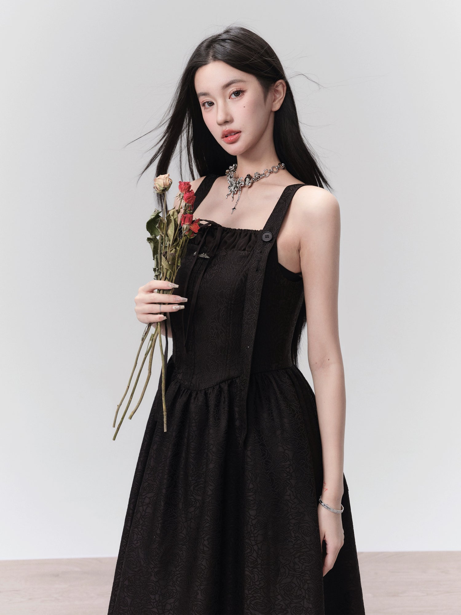 Jacquard Pleated Suspender Dress & Bow Patchwork Shirt