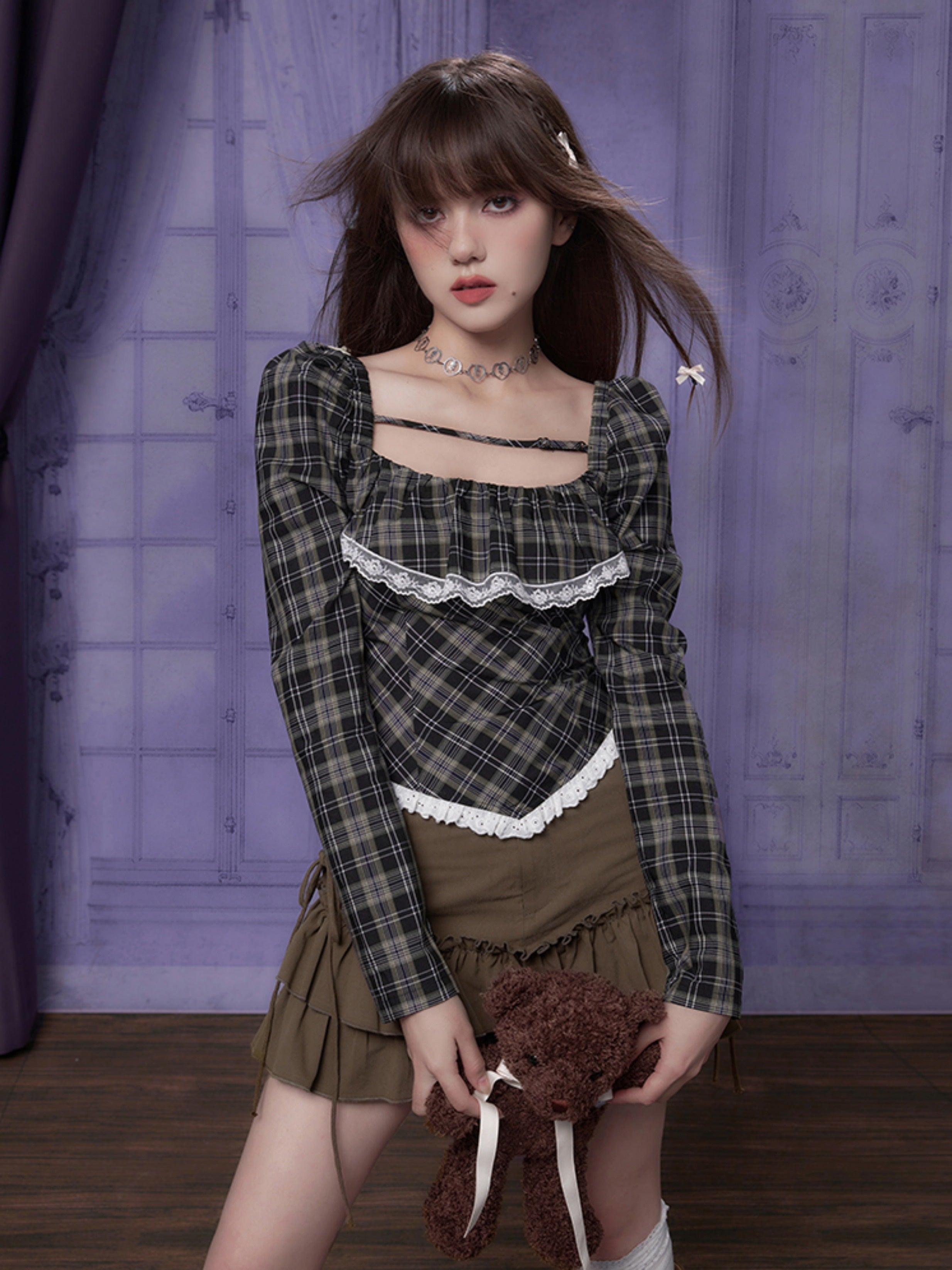 사각형 칼라 격자 무늬 긴팔 셔츠