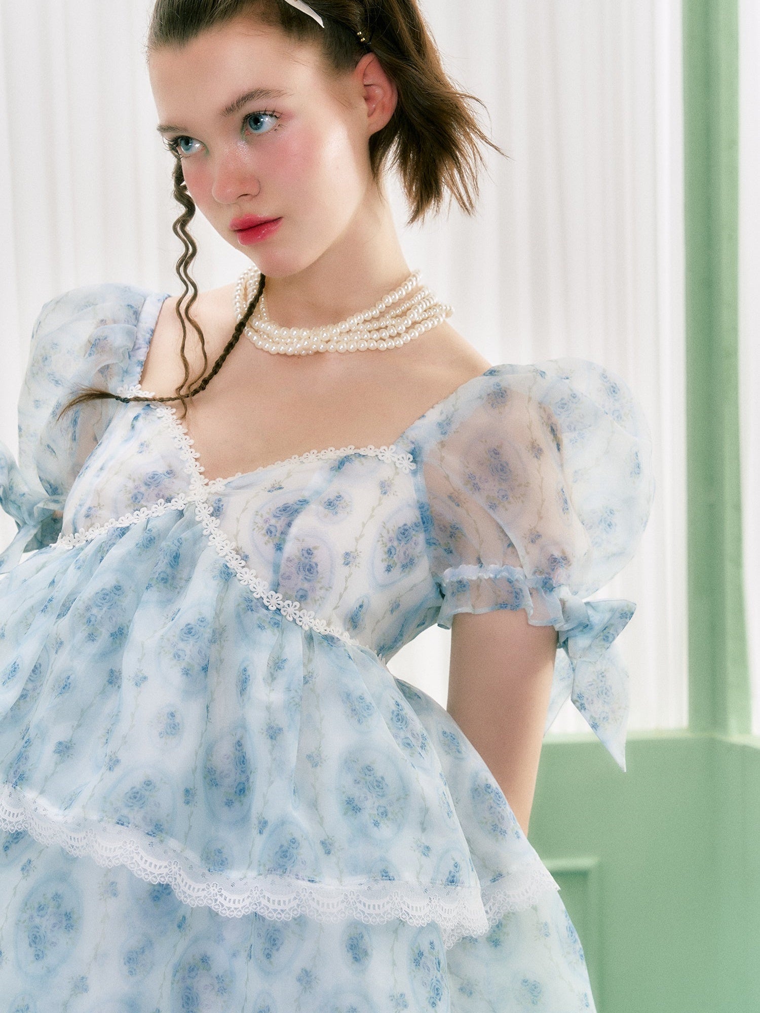 Organza Quadratkragen Puffhülsenkleid Kleid