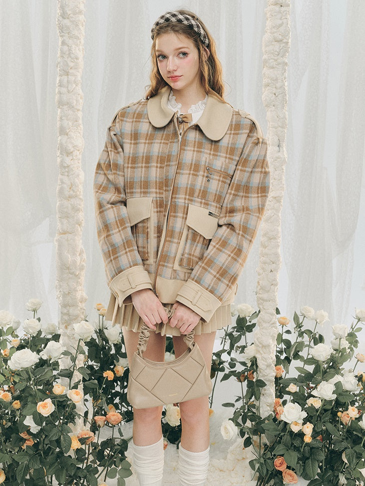 Plaid Round Collar Short Jacket & Mini Pleated Skirt