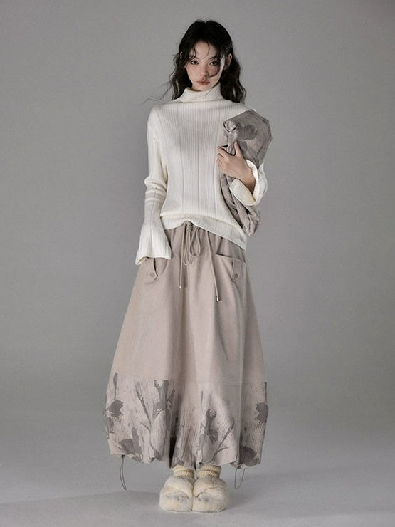 Floating Flower Shadow Printed Quilted A-line Bud Skirt