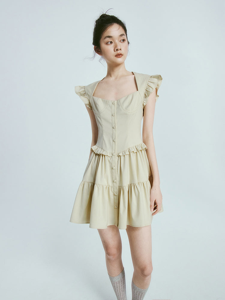 Square Neck Flying Sleeve Gather One-piece
