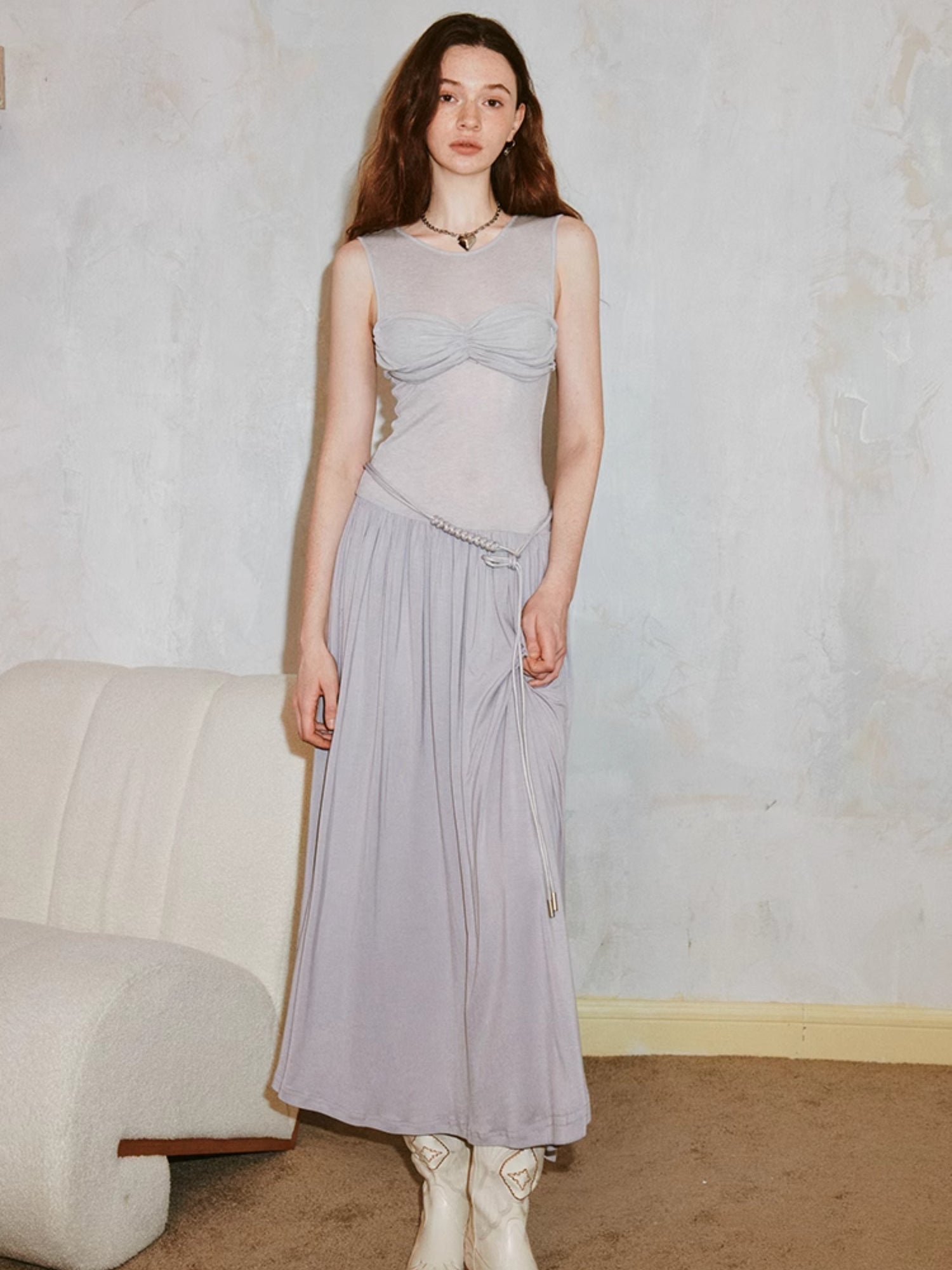 Pleated Draped Sheer Sleeveless Long Dress
