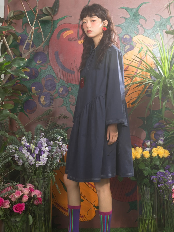 Apple Embroidery Irregular Long-sleeved Loose One-piece