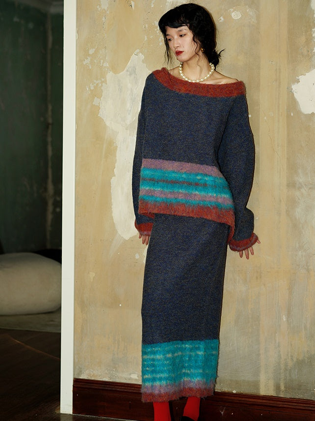 Contrast Color Border Design Loose Sweater & Knitted Skirt