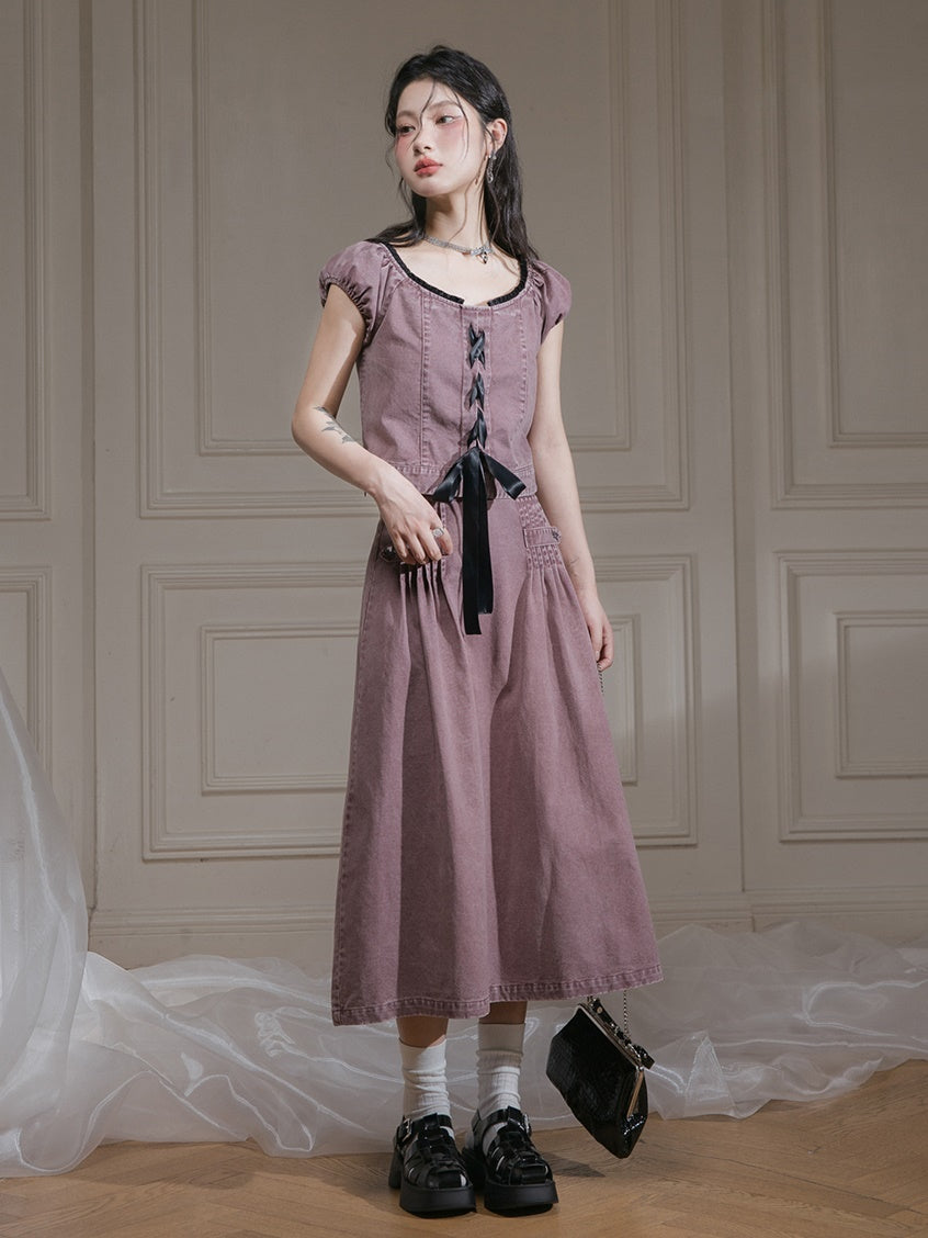 Washed Denim Lace-Up Top & A-Line Skirt Set-up