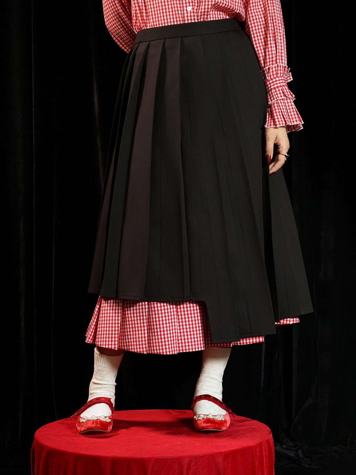 Double-layered Plaid Pleated Skirt