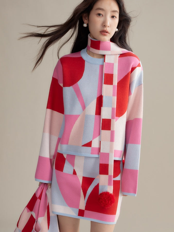 Mosaic Plaid Tulip Stole& Handbag & Knitted Sweater & Skirt