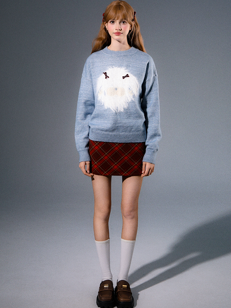 Crew Hals süßer Welpe -Hoop -Strickpullover