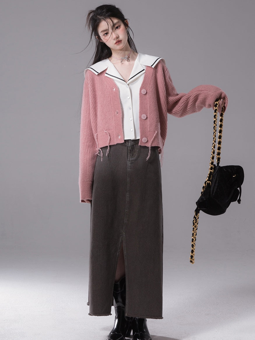Raw Edge Denim Long Skirt