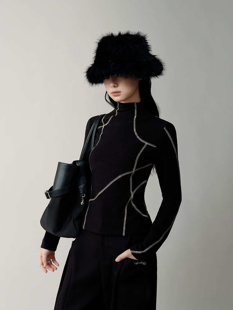 High Neck Asymmetric Contrast Color Line Cutsew