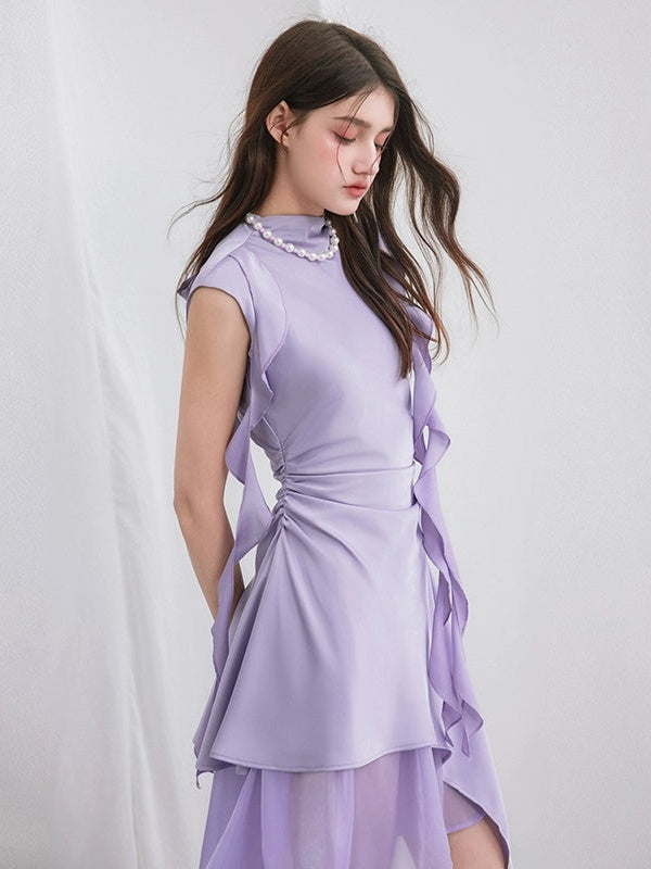Backless Panelled Gauze Waist Streamers Irregular Midi Dress