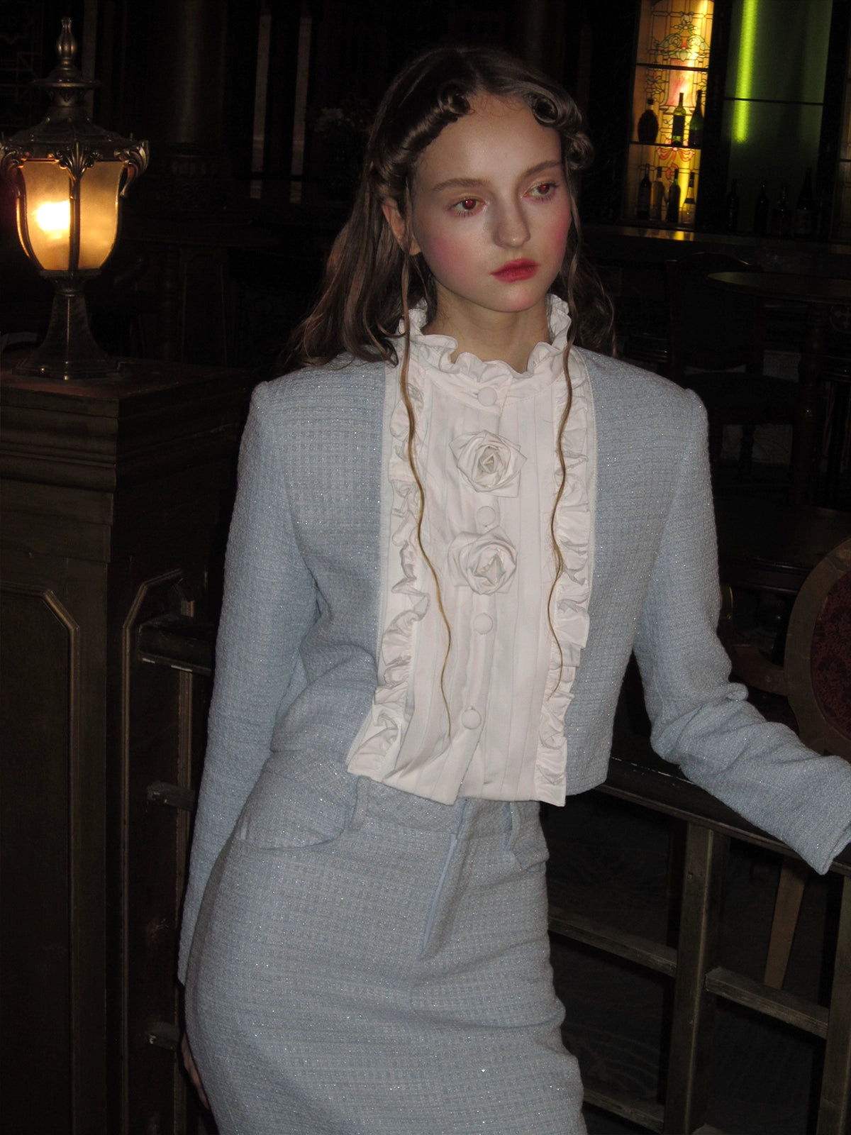 Pleated Ruffled Switching Tweed Touch Jacket & Mermaid Skirt