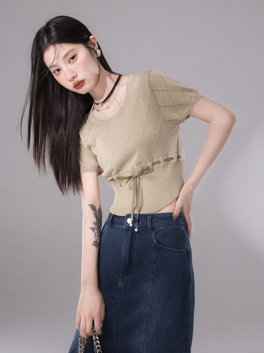 U-neck Rhombus Knitted Top