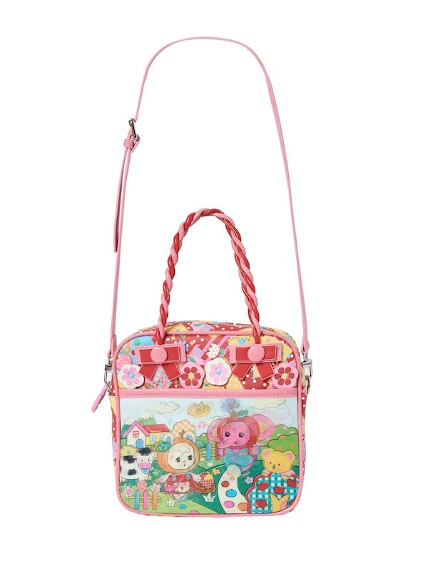 격자 무늬 플래시 카드 풍경 PU 트위스트 핸드백