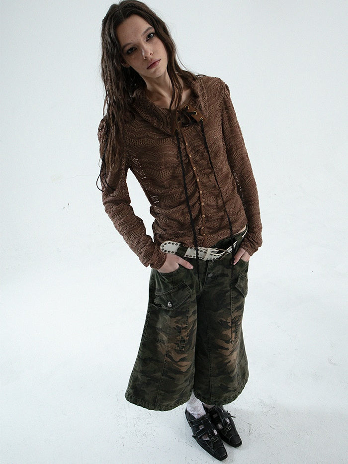 Low-waist Loose Camouflage Eight-quarter Flare Pants