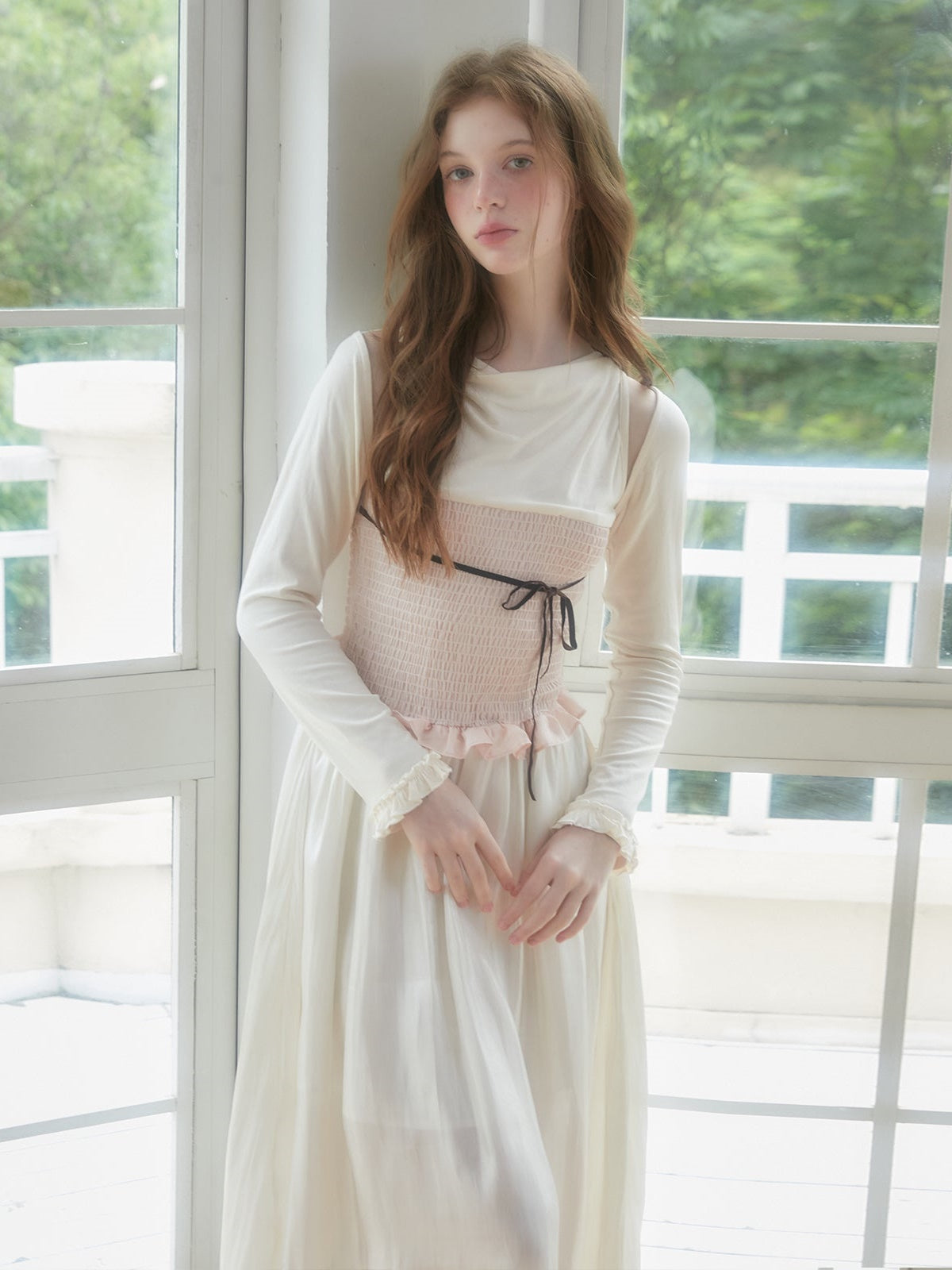 소매 셜링 스티치 원피스 & 볼로로