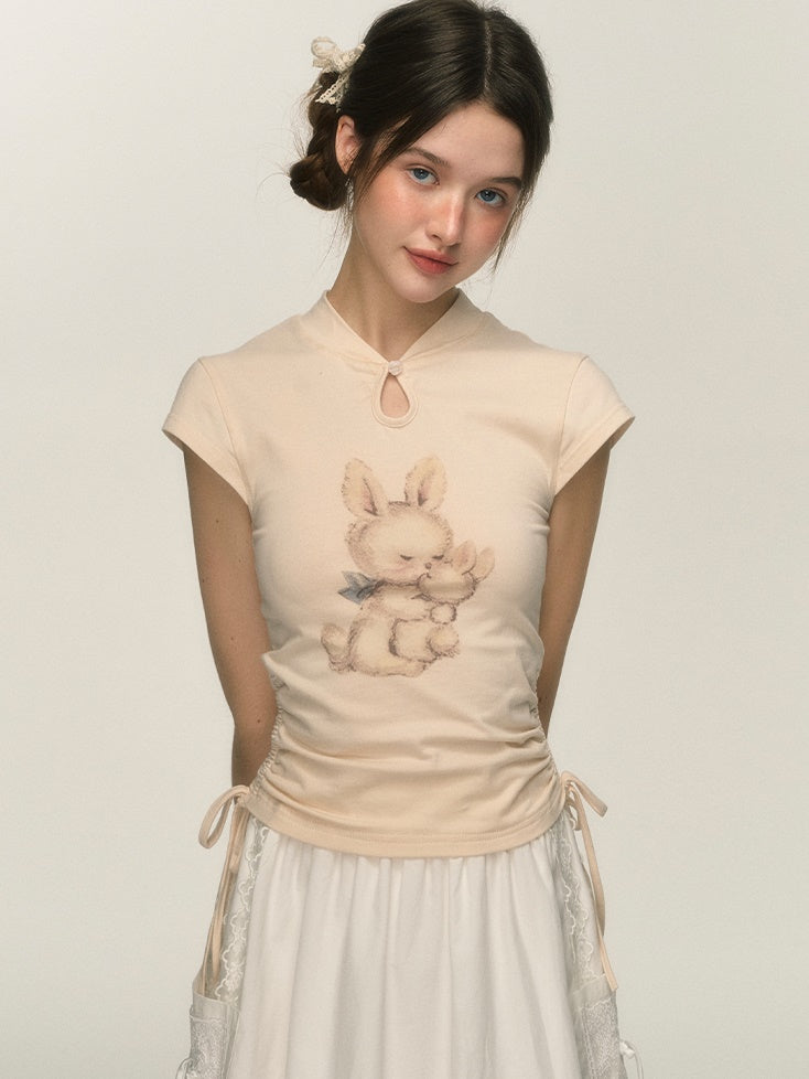Chinese Style Rabbit Print Drawstring T-shirt