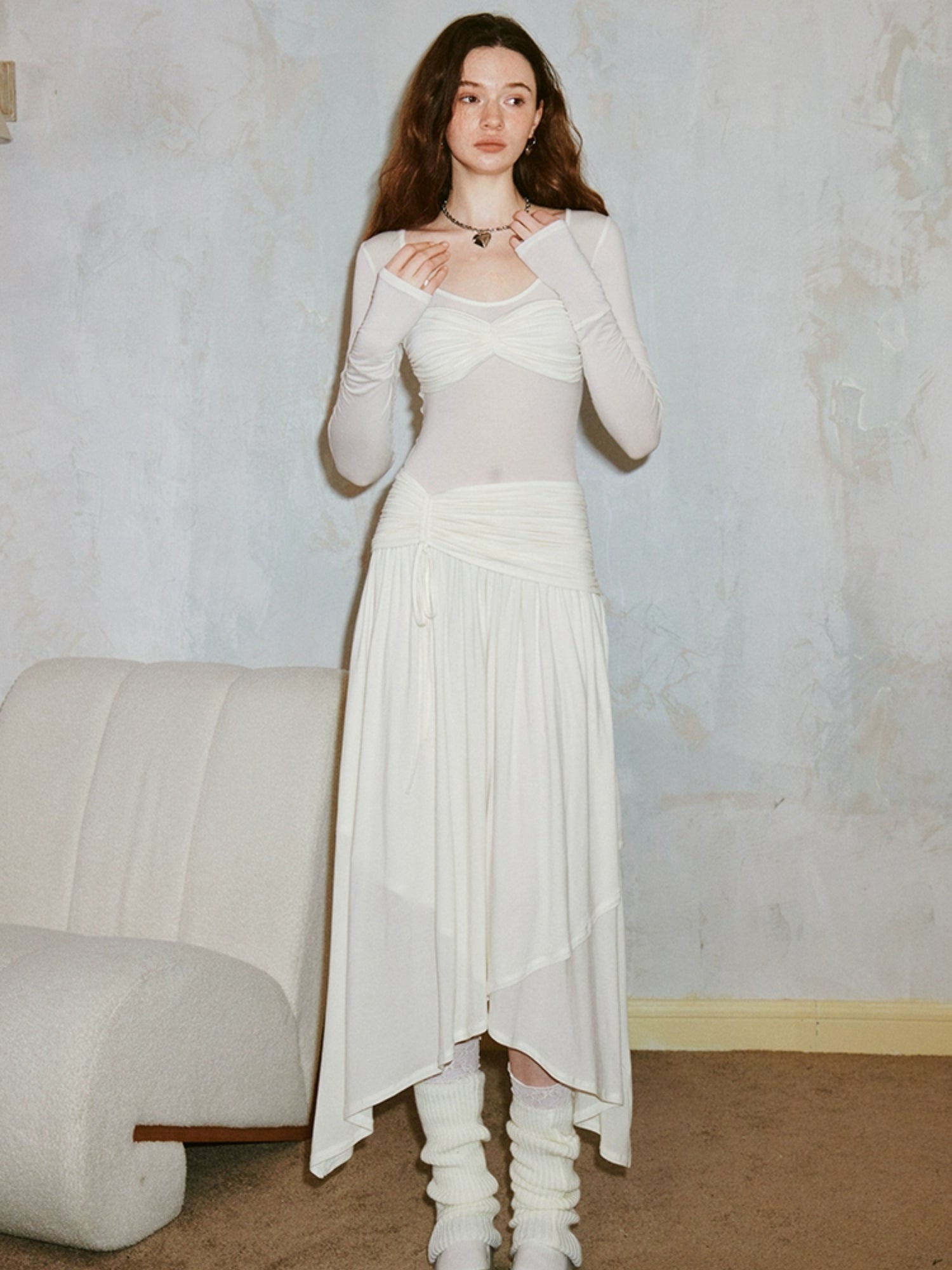 Classic Pleated Stitch Long-sleeved Sheer Dress