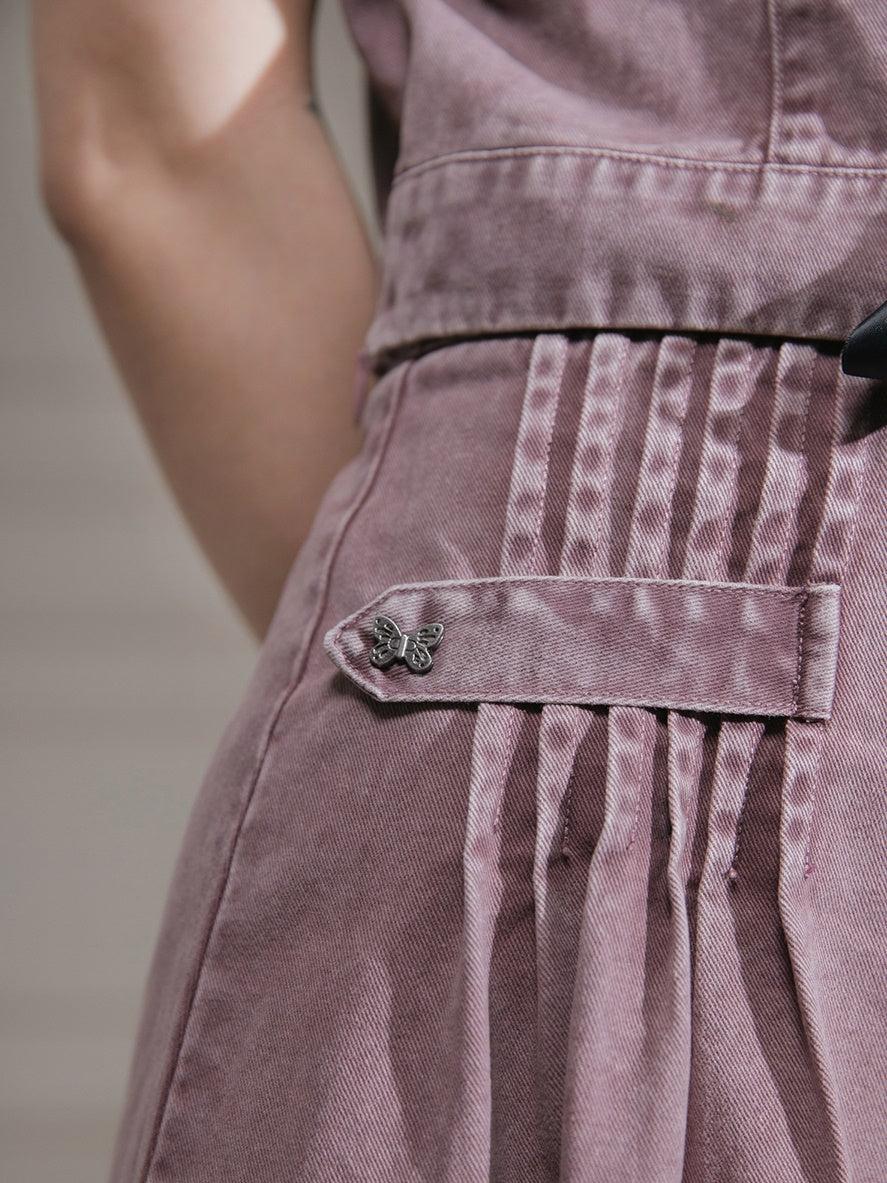 Washed Denim Lace-Up Top & A-Line Skirt Set-up